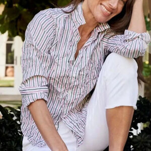 NEW Frank & Eileen Barry Crinkle Woven Button Up in Pink / Green Stripe